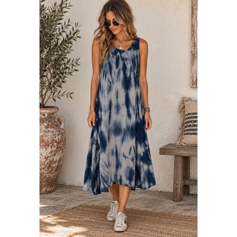 NWT Premise Women Blue Tie Dye Sleeveless Midi Dress Large Boho Tent Trapeze